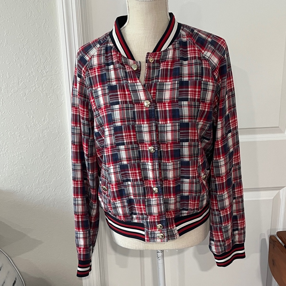 America 250 !Red,White & Blue Madras VTG Snap Button by Tommy Hilfiger Cotton